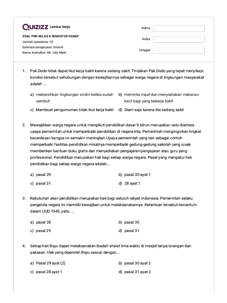 Soal PKN Kelas 6 Semester Genap PDF