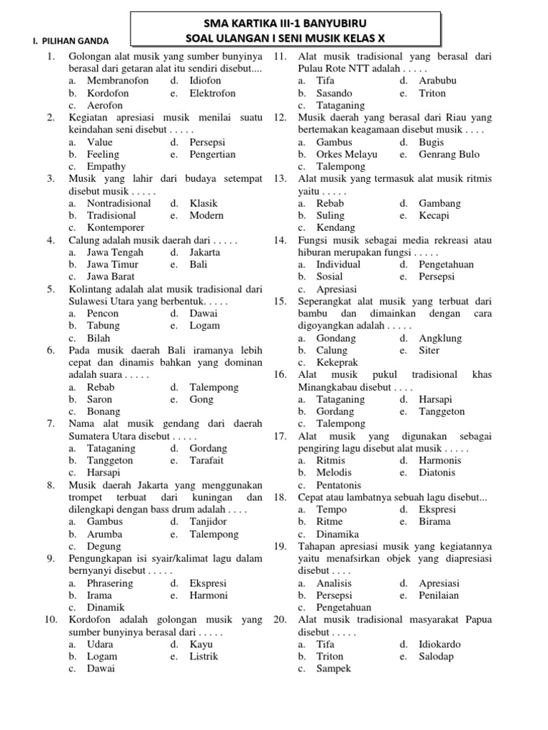 Soal Pilihan Ganda Seni Budaya Kelas 8 Semester 1 Dalchaebi