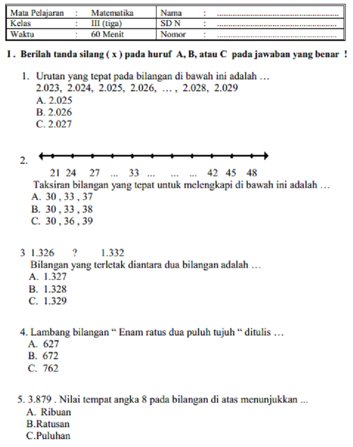 soal uts matematika kelas 3 sd semester 1 pdf