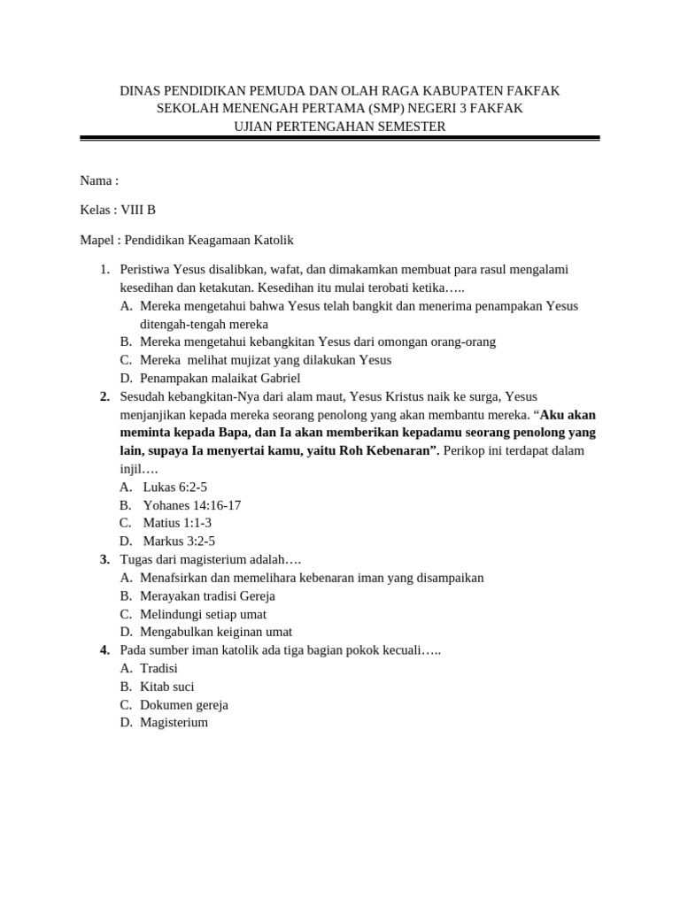 Soal Agama Katolik Kelas 8 B PDF