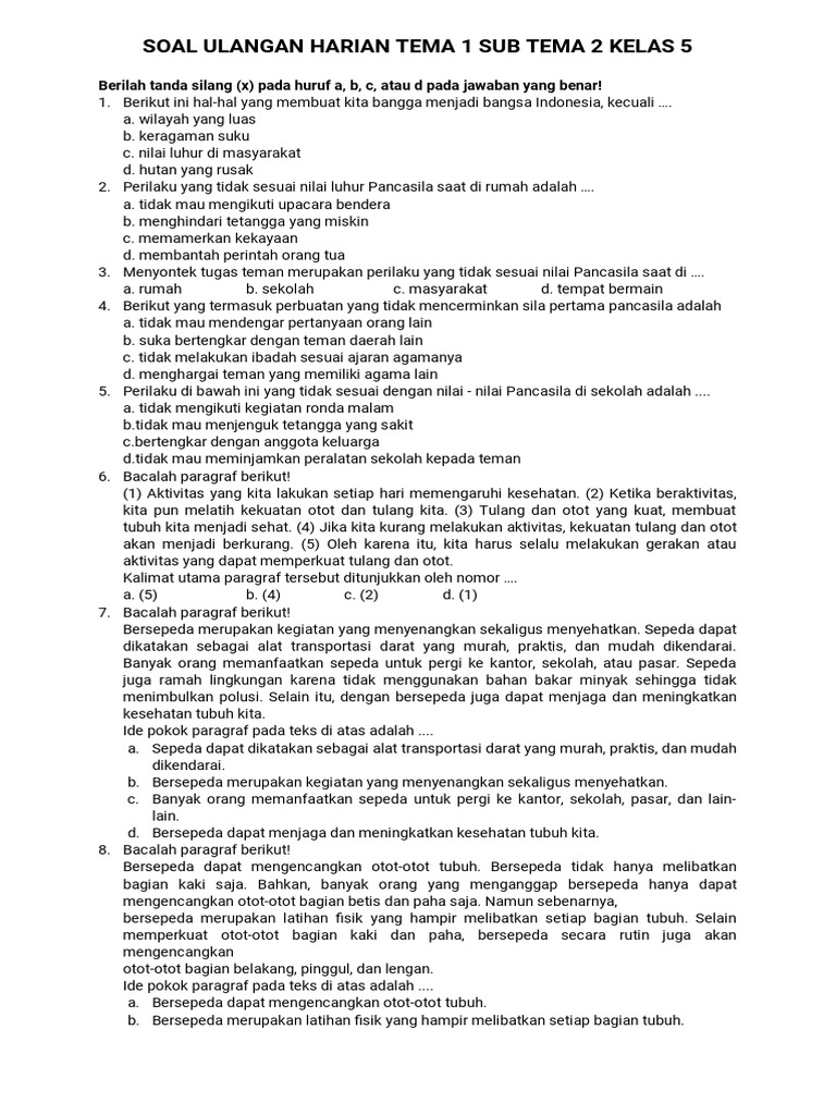 Soal Ulangan Harian Tema 1 Sub Tema 2 Kelas 5 PDF