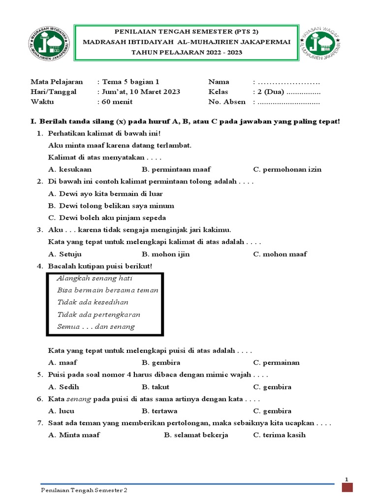 Penilaian Tengah Semester Kelas 2 PDF
