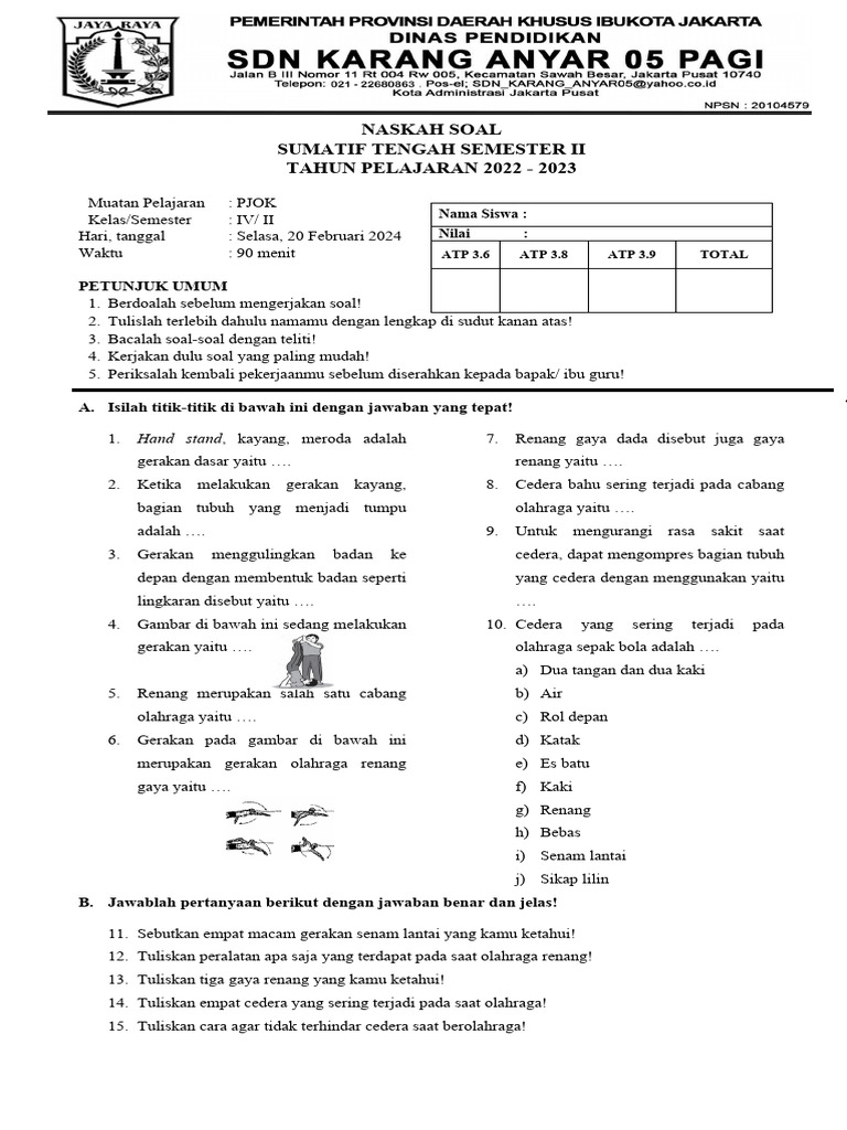 Soal PJOK Kelas 4 Semester 2 PDF