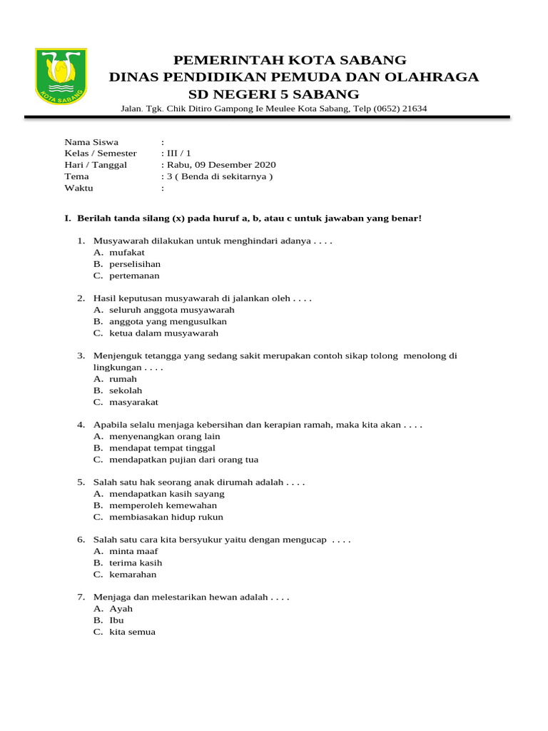 Soal dan Kunci Jawaban Kelas III Tema 3 PDF