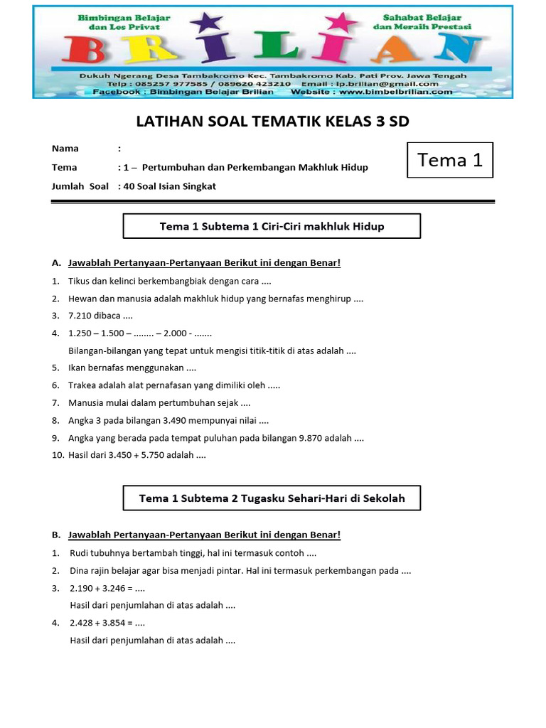 Soal Isian Kelas 3 Pertumbuhan Makhluk Hidup PDF Soal Isian Kelas 3 Pertumbuhan Makhluk Hidup PDF
