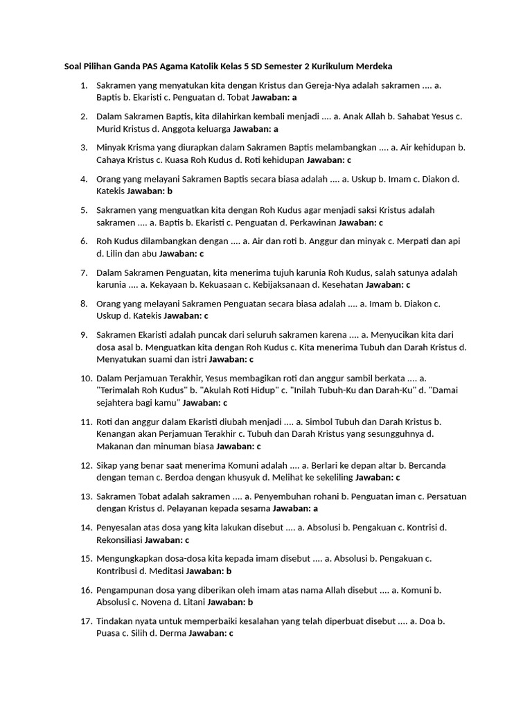 Soal Agama Katolik Kelas 5 Semester 2 PDF Soal Agama Katolik Kelas 5 Semester 2 PDF