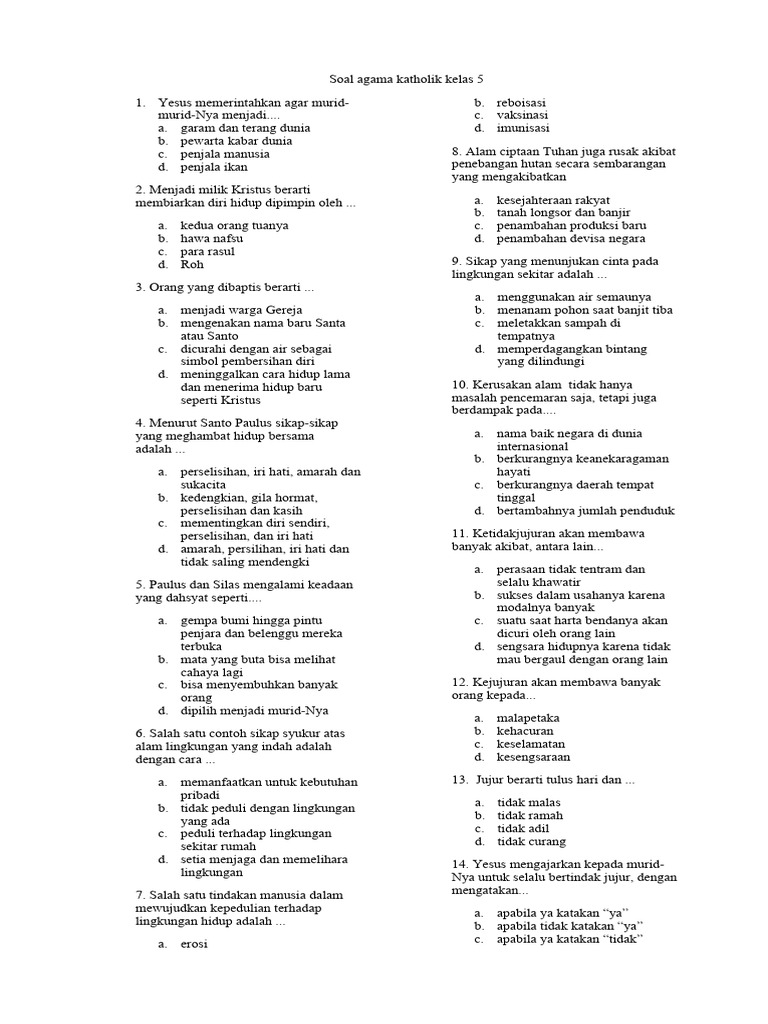 Soal Agama Katolik Kelas 5 dan Kunci Jawaban PDF