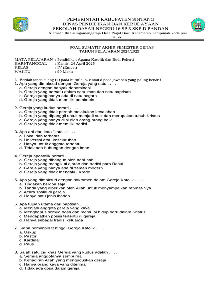 Soal Agama Katolik Kelas 6 Semester 2 PDF