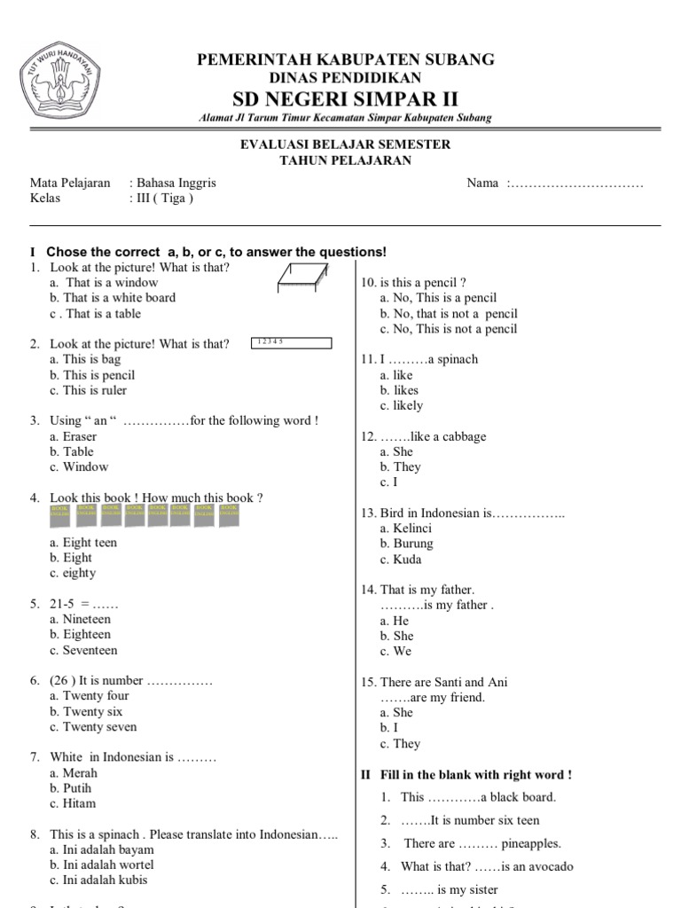 Soal Bahasa Inggris Kelas 3 Semester 2 PDF Soal Bahasa Inggris Kelas 3 Semester 2 PDF