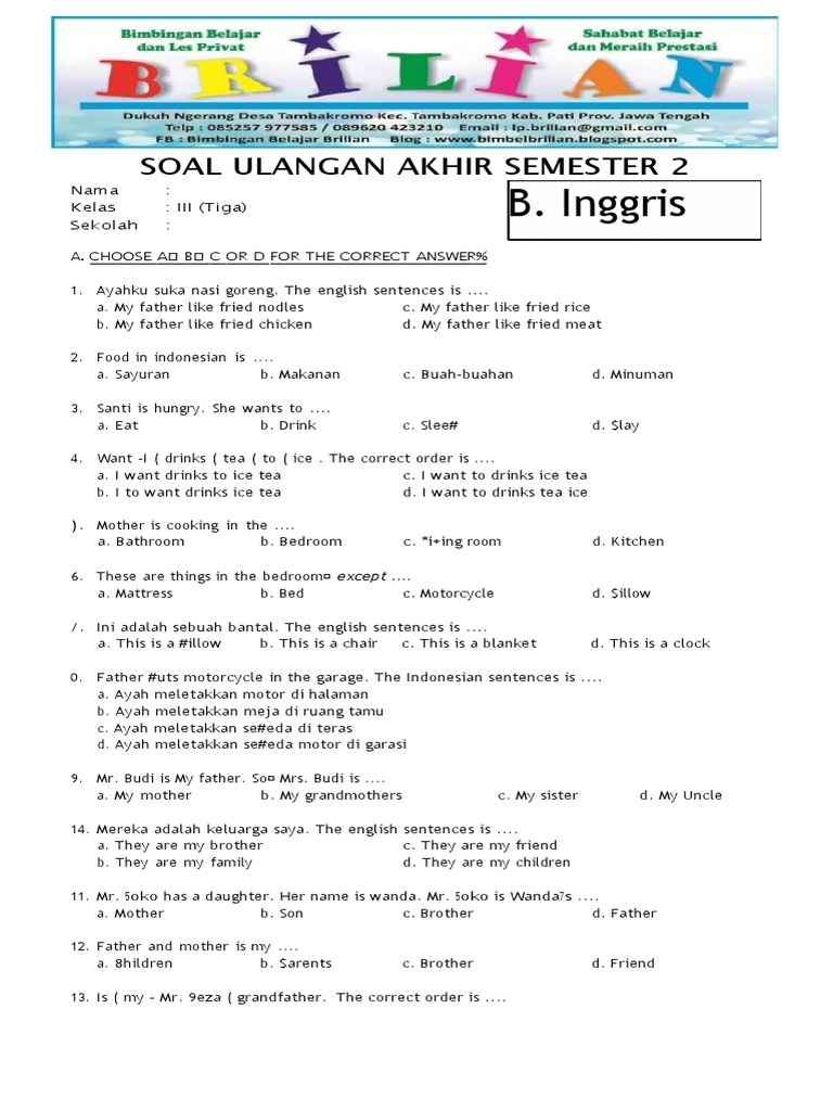 Soal Uas B Inggris Kelas 3 SD Semester 2 Dan Kunci Jawabanpdf PDF