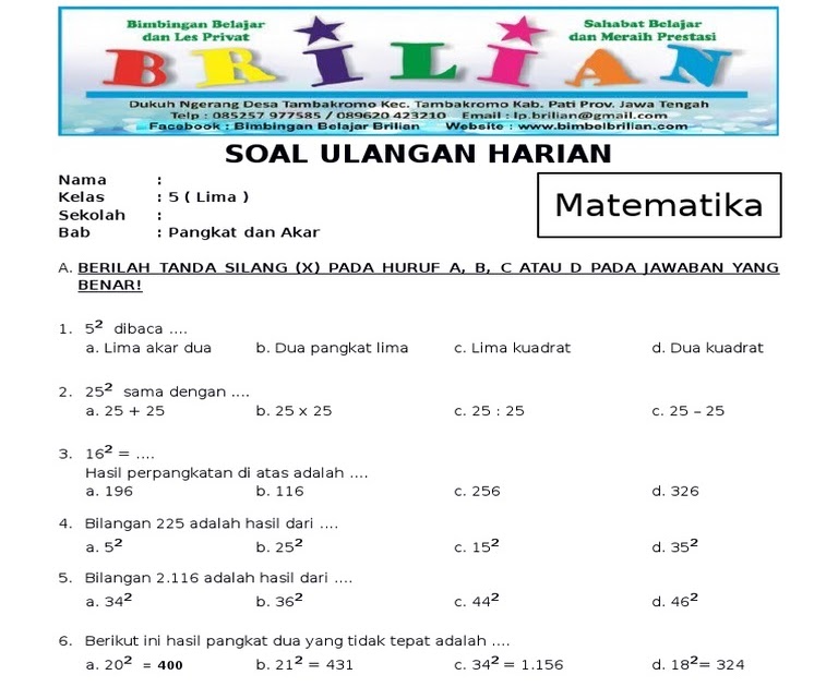 soal akar pangkat 2 kelas 4 sd