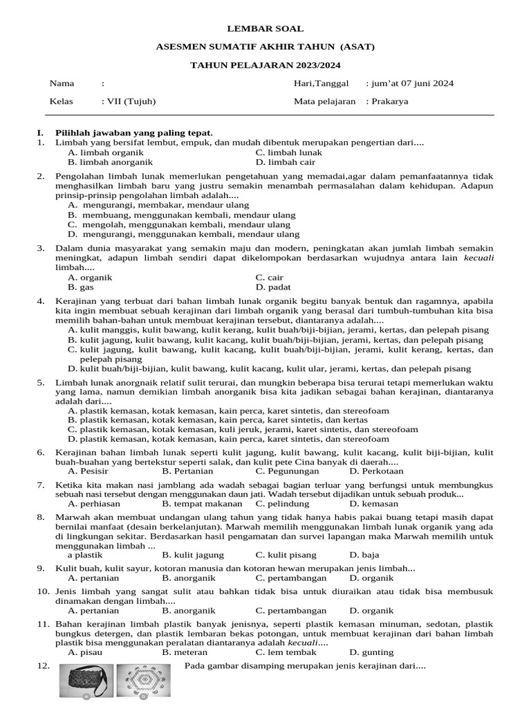 Soal Asat Prakarya Kelas 7 Sem 2 PDF