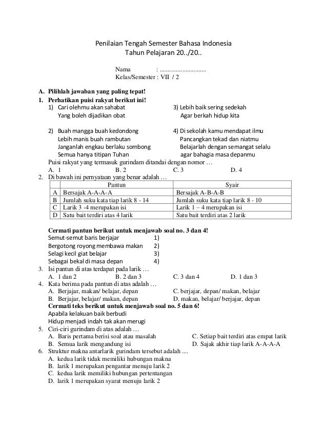 Soal PTS Bahasa Indonesia Kelas VII Semester Genap pdf