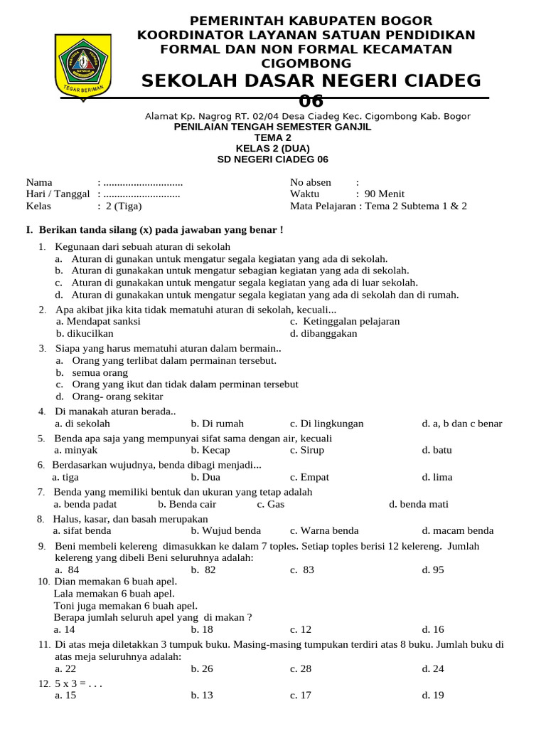 Penilaian Tengah Semester Kelas 2 SD PDF Penilaian Tengah Semester Kelas 2 SD PDF