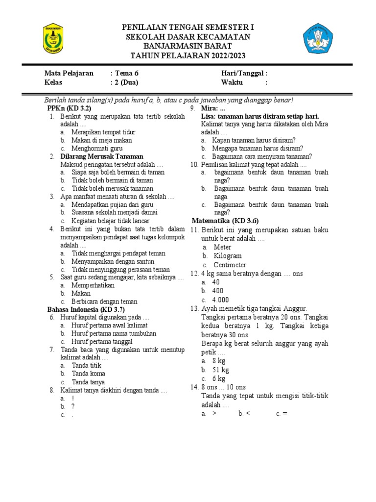 Penilaian Tengah Semester Kelas 2 SD PDF