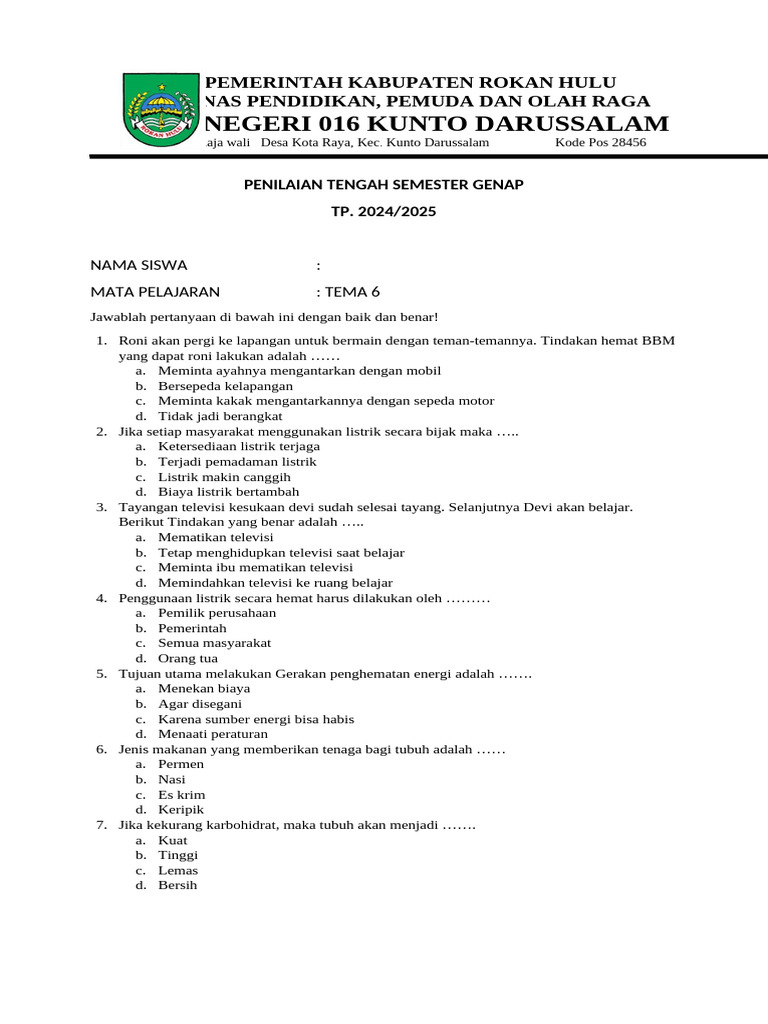 Penilaian Tengah Semester Tema 6 SD PDF