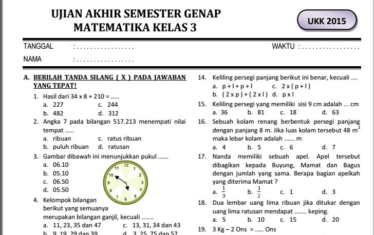Mtk Kelas 3 Semester 2 Matematika kelas 3 semester genap Soal kelas