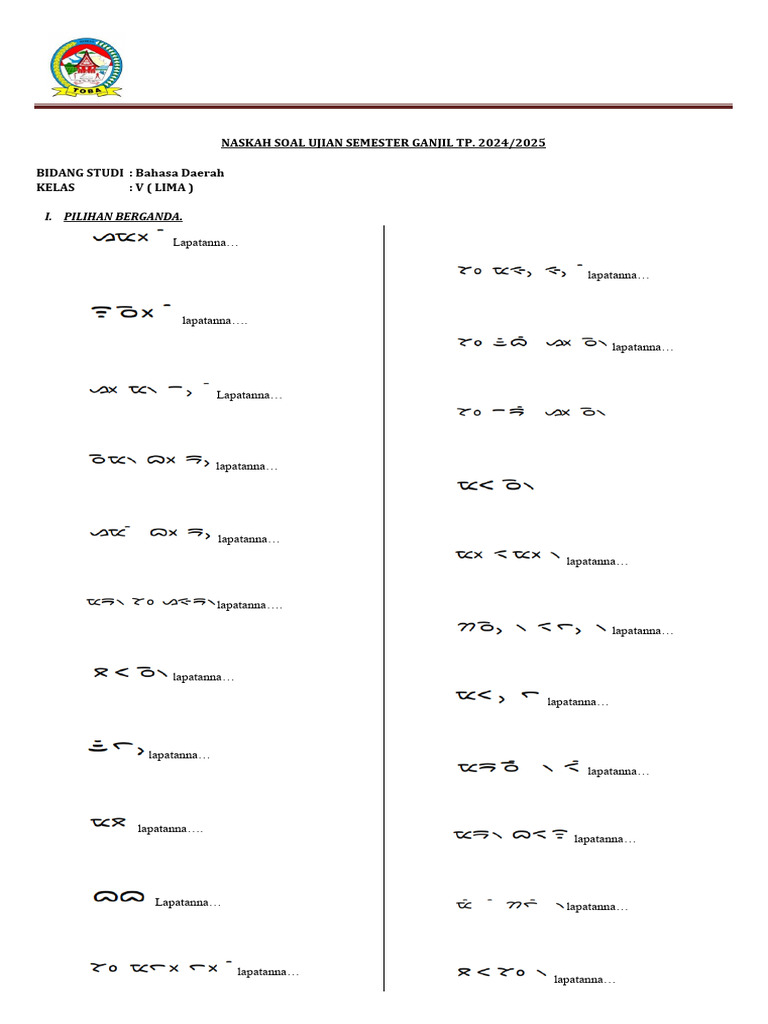 Soal Ujian Bahasa Daerah Kelas 5 PDF Indonesia Soal Ujian Bahasa Daerah Kelas 5 PDF Indonesia