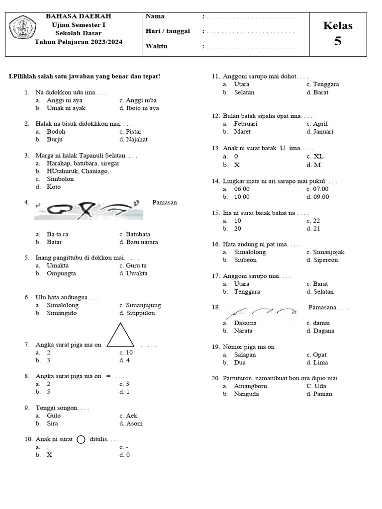 Soal Ujian Bahasa Daerah Batak Toba PDF
