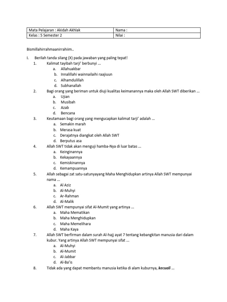 Contoh Soal Aqidah Akhlak Kelas 5 Semester 2 PDF Contoh Soal Aqidah Akhlak Kelas 5 Semester 2 PDF