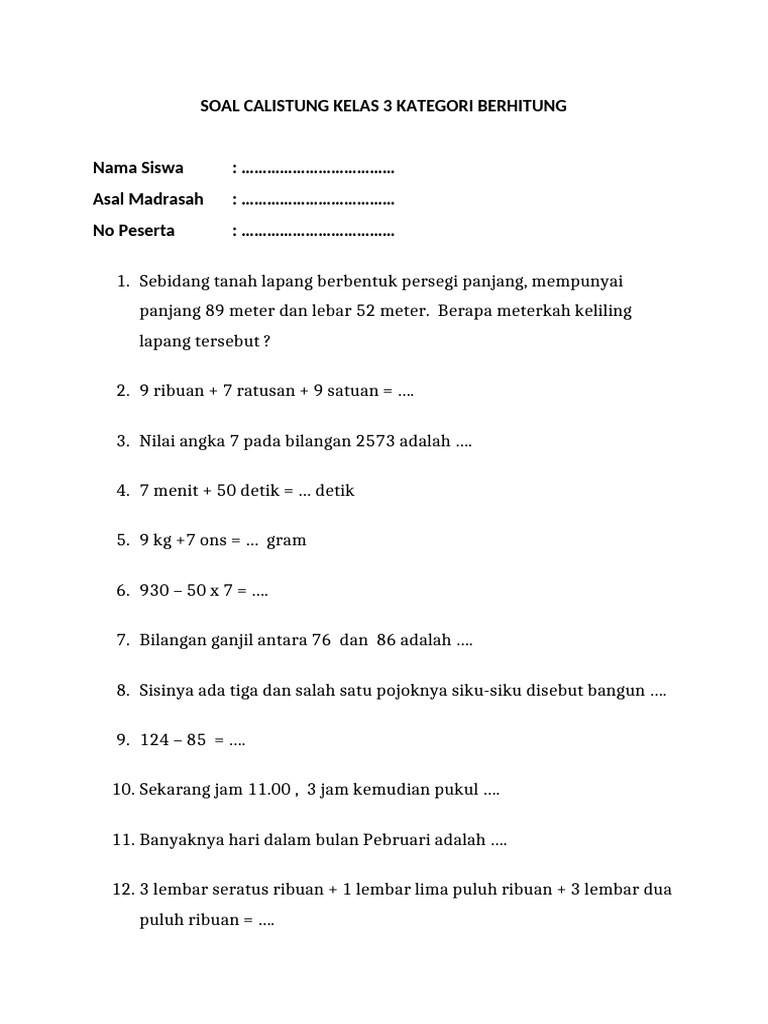 Soal Calistung Kelas 3 Berhitung PDF