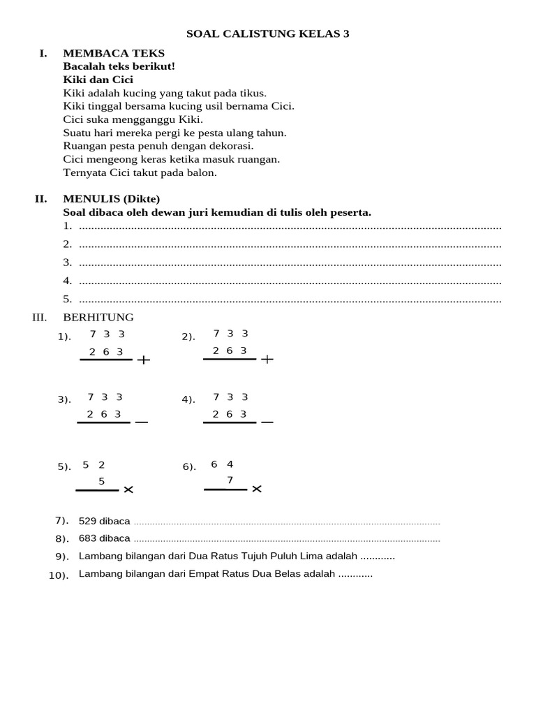 Soal Calistung Kelas 3 PDF