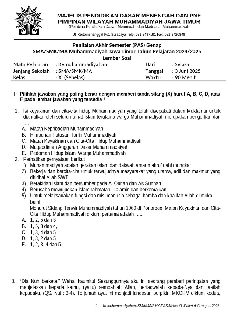 Soal PAS Kemuhammadiyahan Kelas XI PDF Soal PAS Kemuhammadiyahan Kelas XI PDF