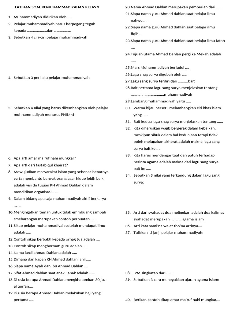 Soal Kemuhammadiyahan Kelas 3 SD PDF