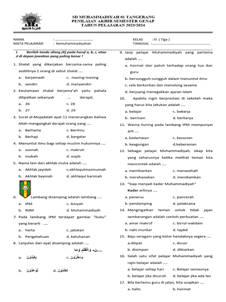 Soal Kemuhammadiyahan Kelas 3 SD PDF