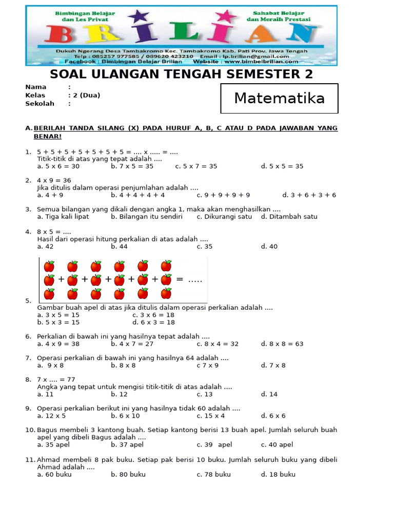 Soal UTS Matematika Kelas 2 Semester 2 PDF Metode Bahan Ajar
