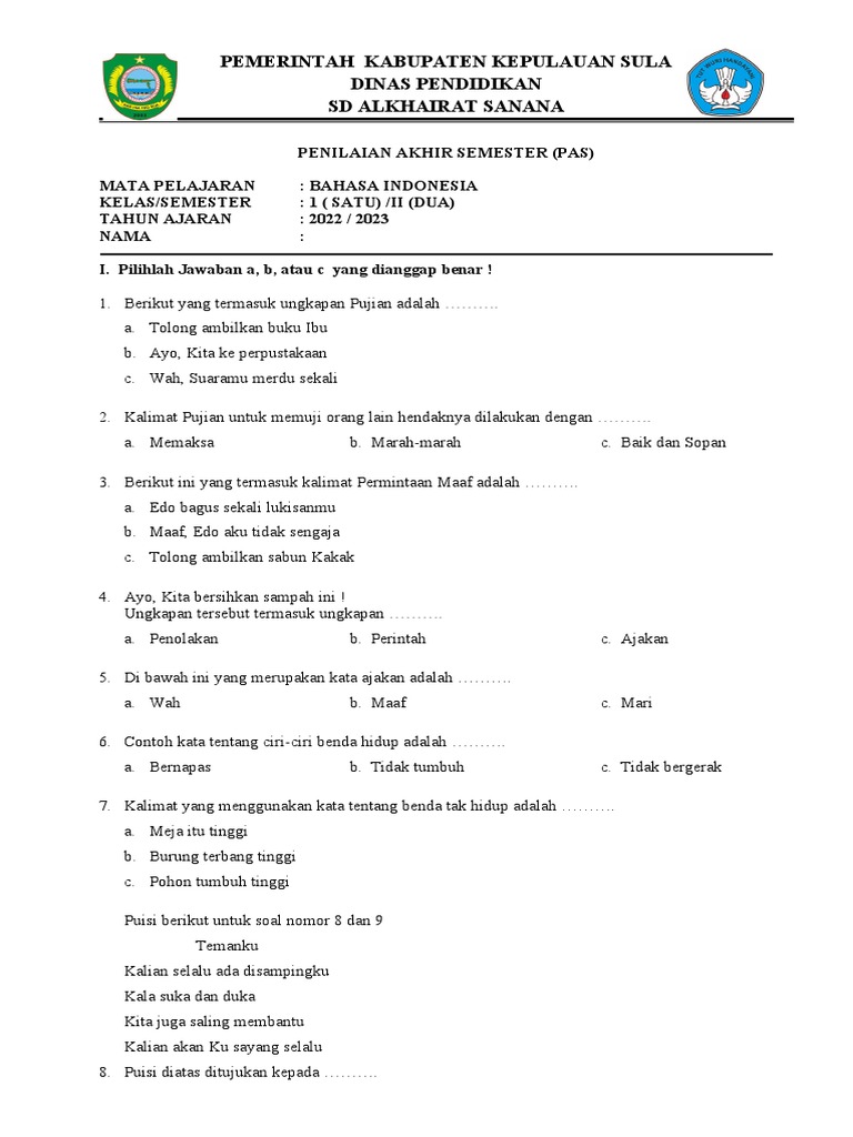 Penilaian Akhir Semester Kelas 1 PDF