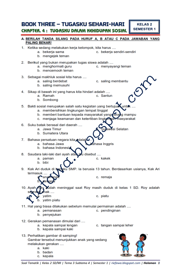 Download Soal Tematik Kelas 2 Tema 3 Subtema 4 - Tugasku Dalam