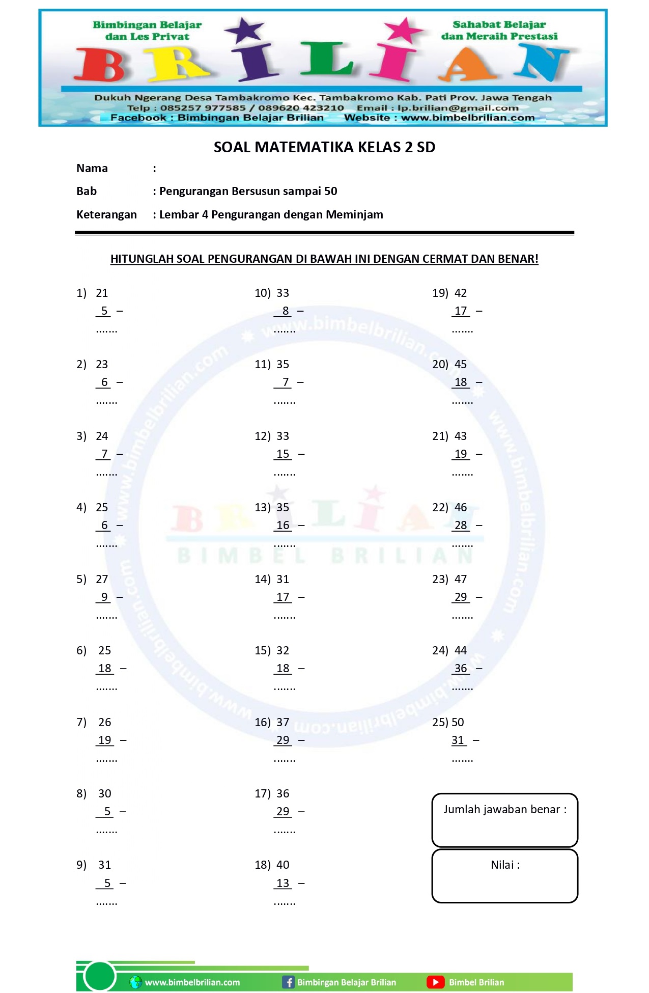 50 Soal Pengurangan Bersusun Pendek Kelas 2 SD dengan Meminjam Kunci 50 Soal Pengurangan Bersusun Pendek Kelas 2 SD dengan Meminjam Kunci