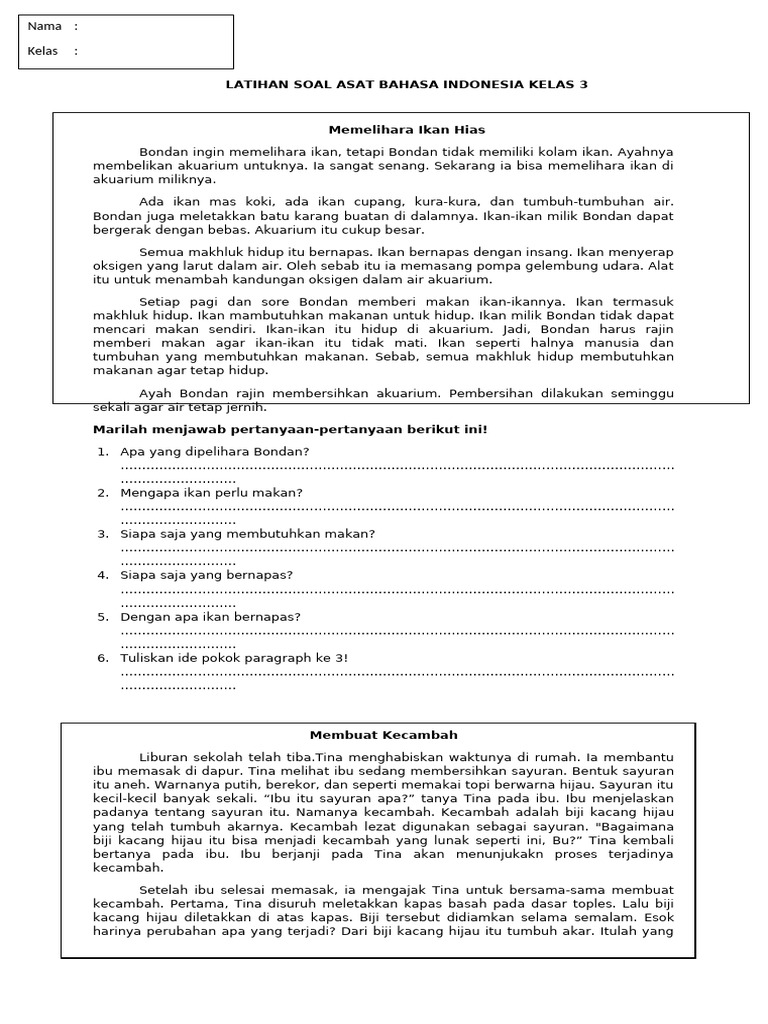 Latihan Soal Asat Bahasa Indonesia Kelas 3 PDF Latihan Soal Asat Bahasa Indonesia Kelas 3 PDF
