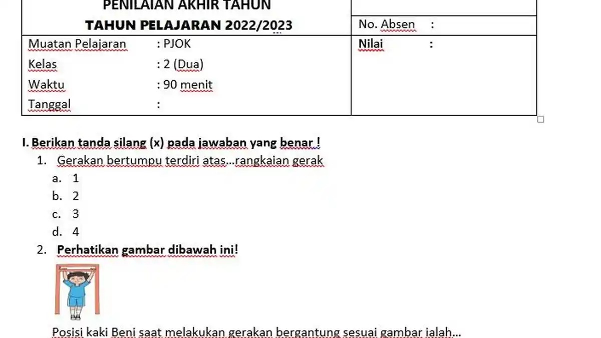 30 Soal PAT PJOK Kelas 2 SD Semester 2 K13 Penilaian Akhir Tahun dan