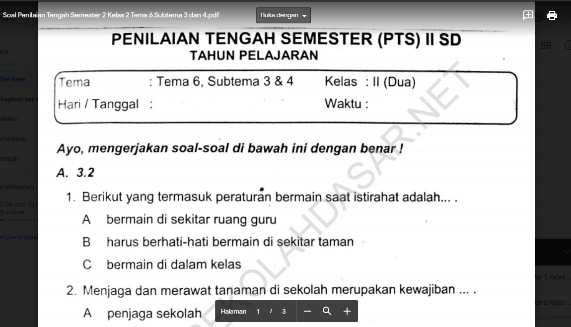 Soal Penilaian Tengah Semester 2 Kelas 2 Tema 6 Subtema 3 dan 4