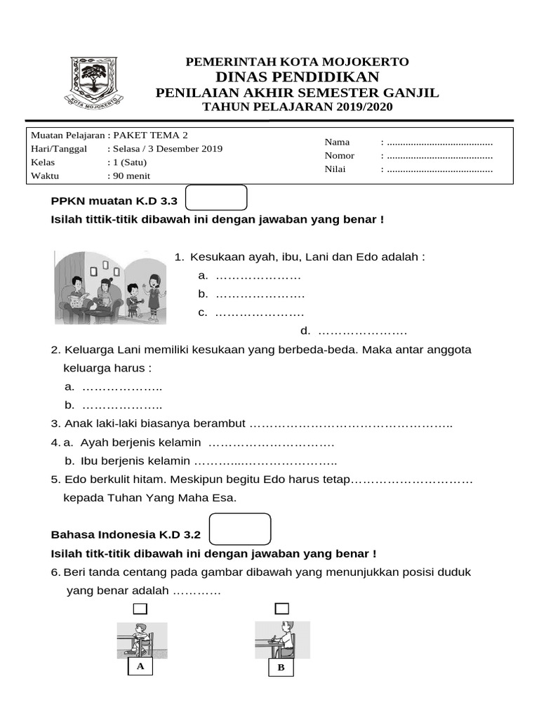 Penilaian Akhir Semester Kelas 1 2019 PDF