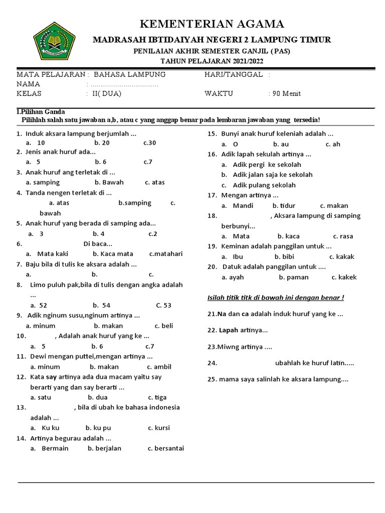 Soal Bahasa Lampung Kelas 2 Semester 1 PDF
