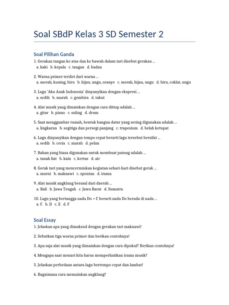 Soal SBdP Kelas 3 SD Semester 2 PDF