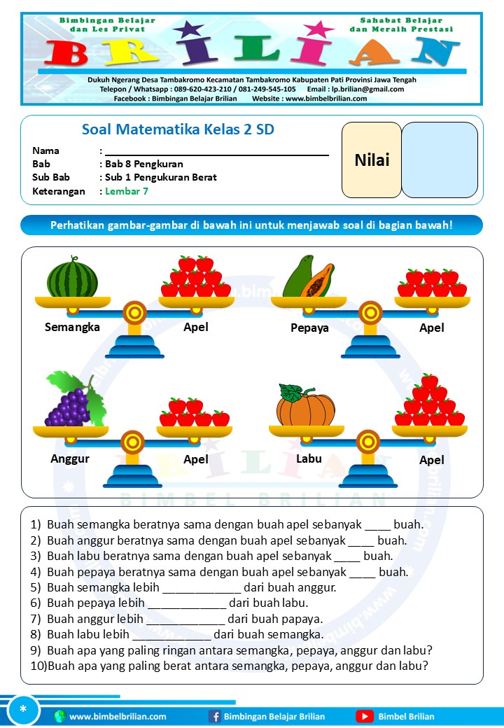 Download Soal Pengukuran Berat Kelas 2 SD Lembar 7 dan 8 - Bimbel Brilian