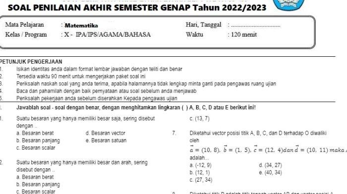 50 Soal PAS UAS Matematika Kelas 10 Semester 2 K13 dan Kunci Jawaban