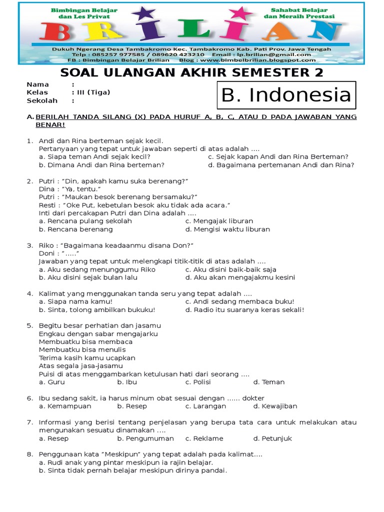 67 Soal Bahasa Indonesia Kelas 1 SD