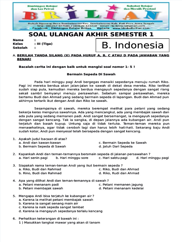 Pdf-Soal-Uas-Bahasa-Indonesia Kelas-Kelas-3-Sd-Semester-1 - Compress PDF