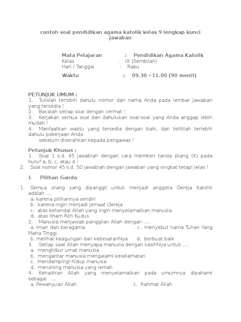 Soal Uraian Agama Kristen Katolik Dan Kunci Jawaban - Soal Tugasku