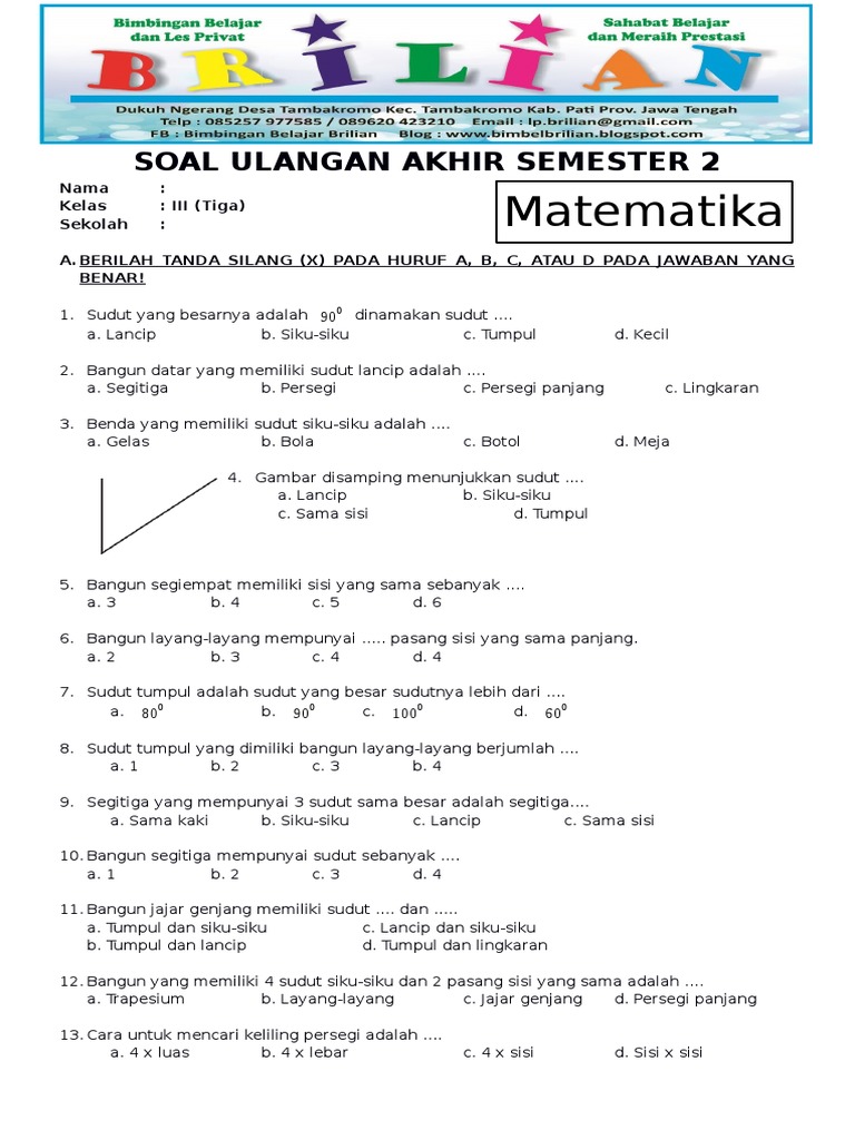 Soal UAS Matematika Kelas 3 SD Semester 2 PDF Soal UAS Matematika Kelas 3 SD Semester 2 PDF