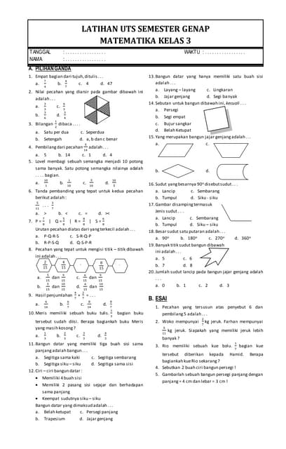 Soal uas matematika kelas 2 sd semester 2 dan kunci jawaban PDF