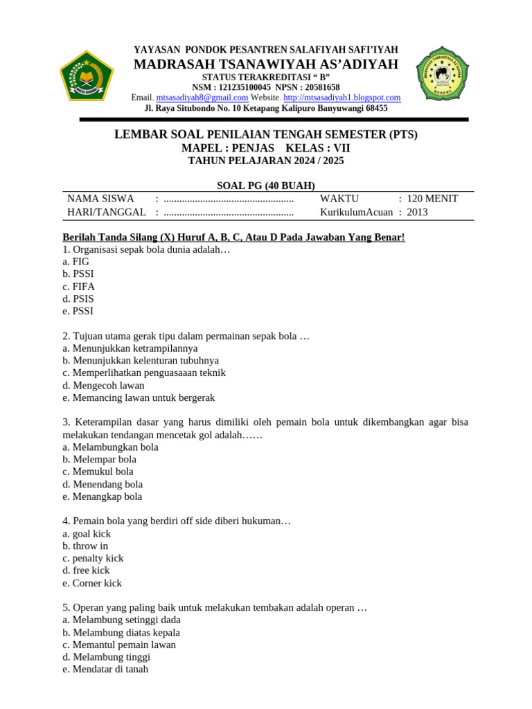 Soal Penilaian Tengah Semester Penjas VII PDF