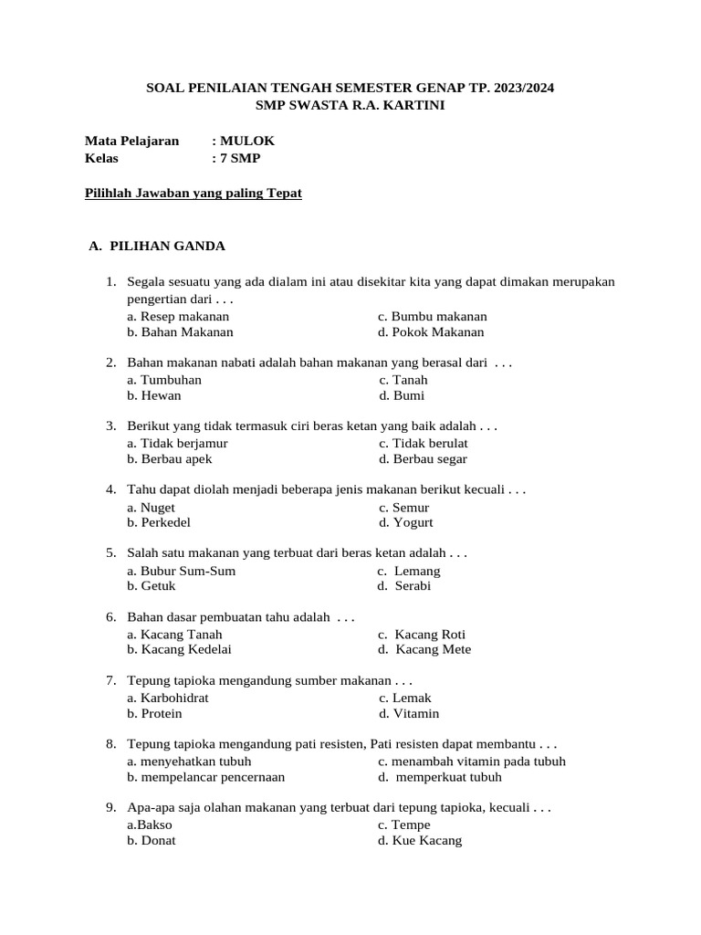 Soal Penilaian Tengah Semester Kelas 7 Mulok PDF