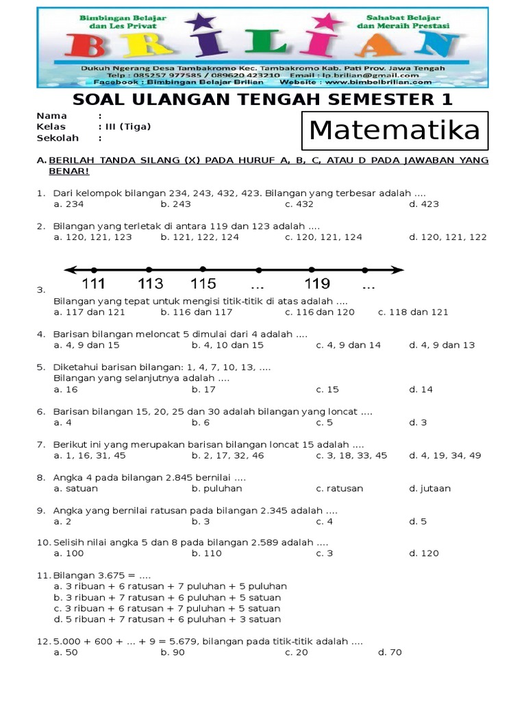 Soal UTS Matematika Kelas 3 SD Semester 1 Ganjil Dan Kunci Jawaban PDF