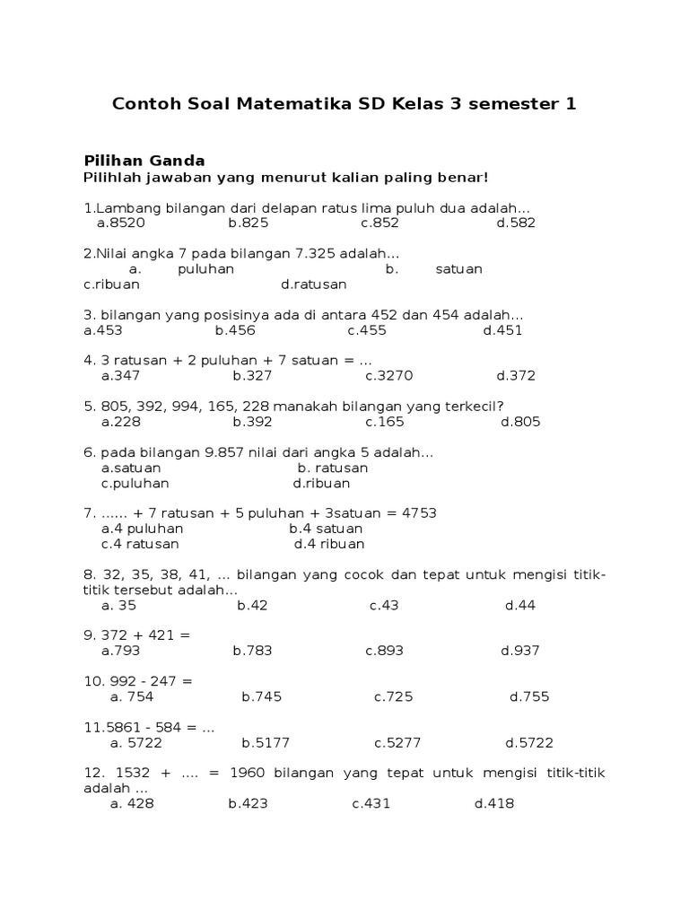 Soal Matematika Kelas 3 Semester 1 PDF